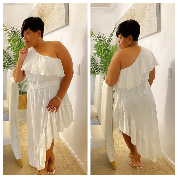 “RONI” Off The Shoulder Ruffle Side High Low Maxi Dress