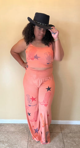 "BOOTS ON THE GROUND" Cowgirl Boots & Stars Print Crop Pants Set