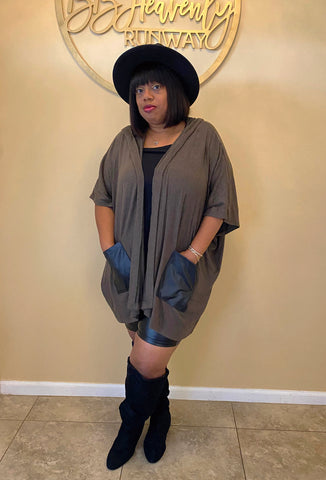 “SHEILA” Hooded Poncho Cardigan With Faux Leather Pockets